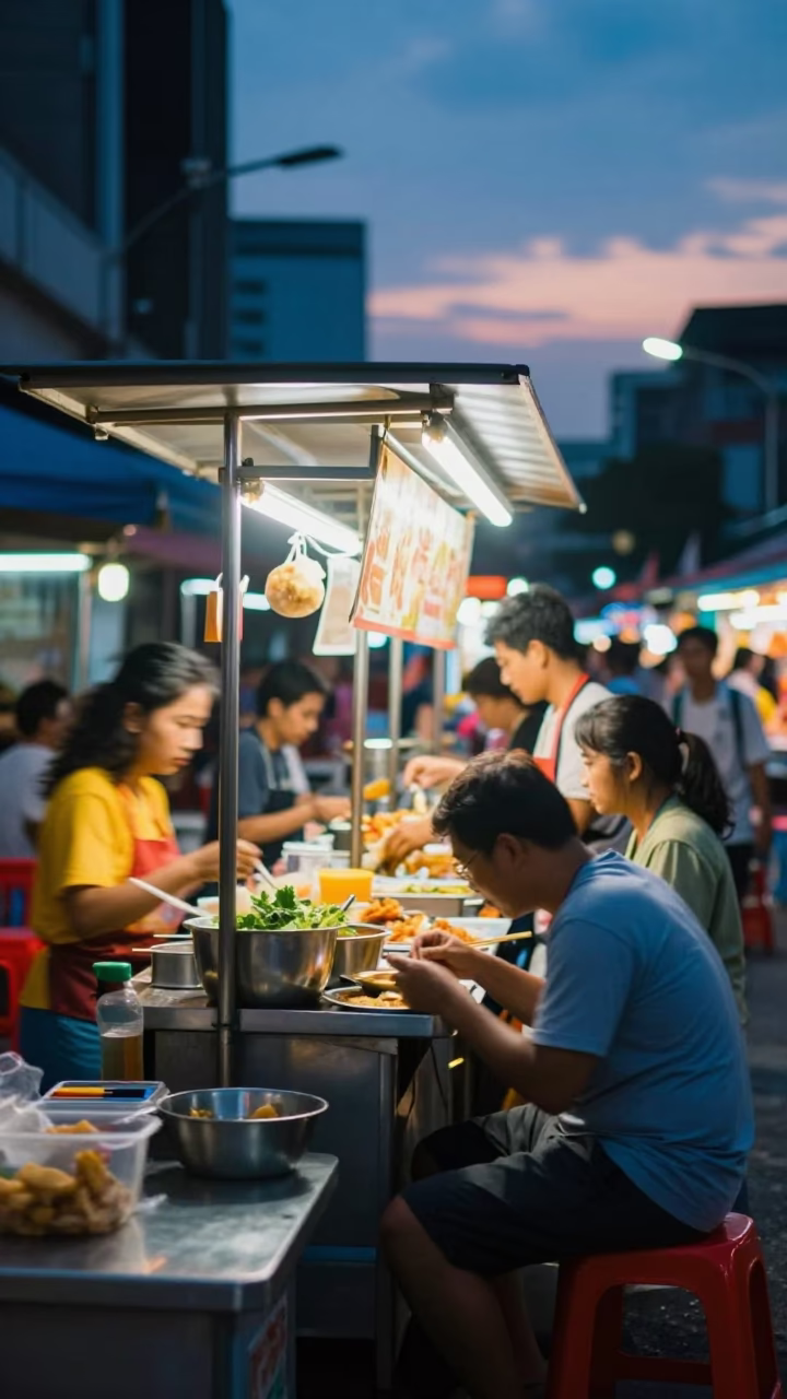 Kuala Lumpur Street Food Stall at Indigo Twilight with Long Exposure Car Headlights in in Kuala Lumpur, Malaysia