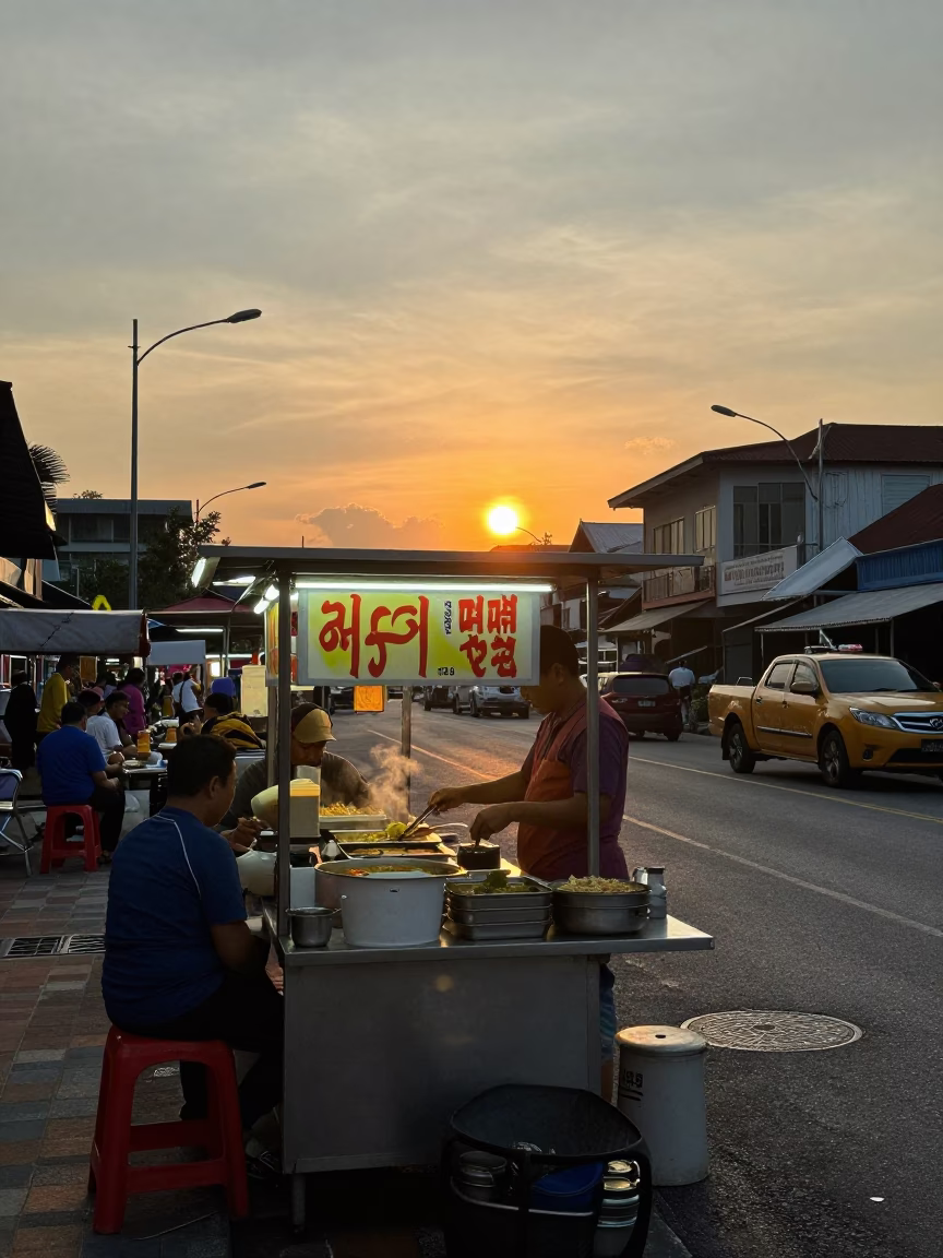 Kuala Lumpur Street Food Stall at Sunset with Green Curry and Jasmine Rice in in Kuala Lumpur, Malaysia