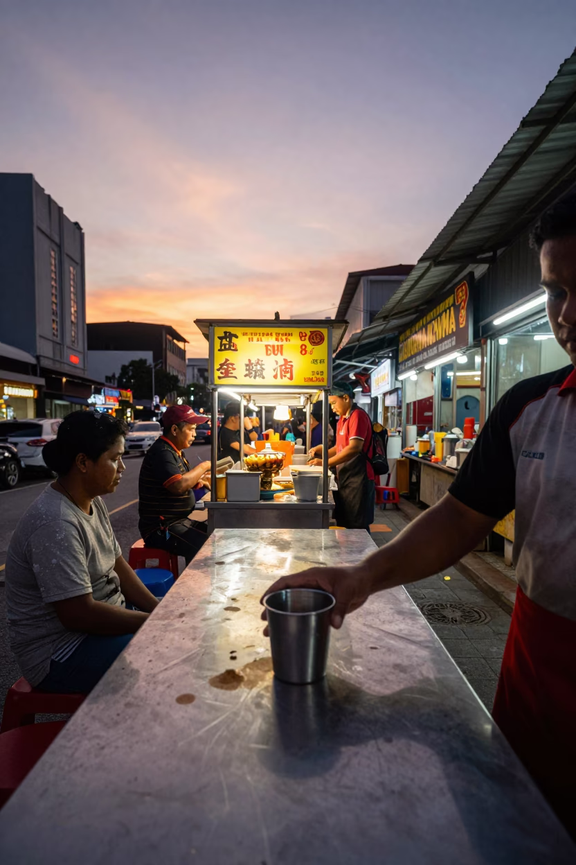 Kuala Lumpur Street Food Stall Dusk with Tea Stains and Steel Cup in in Kuala Lumpur, Malaysia