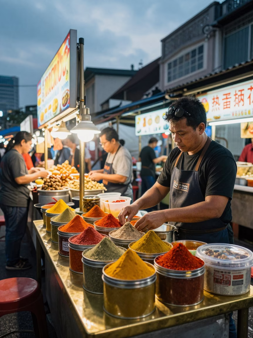 Kuala Lumpur Street Food Stall Evening Scene with Spices and Brass in in Kuala Lumpur, Malaysia
