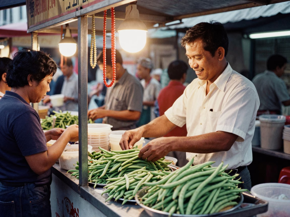 Kuala Lumpur Street Food Stall Late Morning Prayer Beads and Fresh String Beans in in Kuala Lumpur, Malaysia