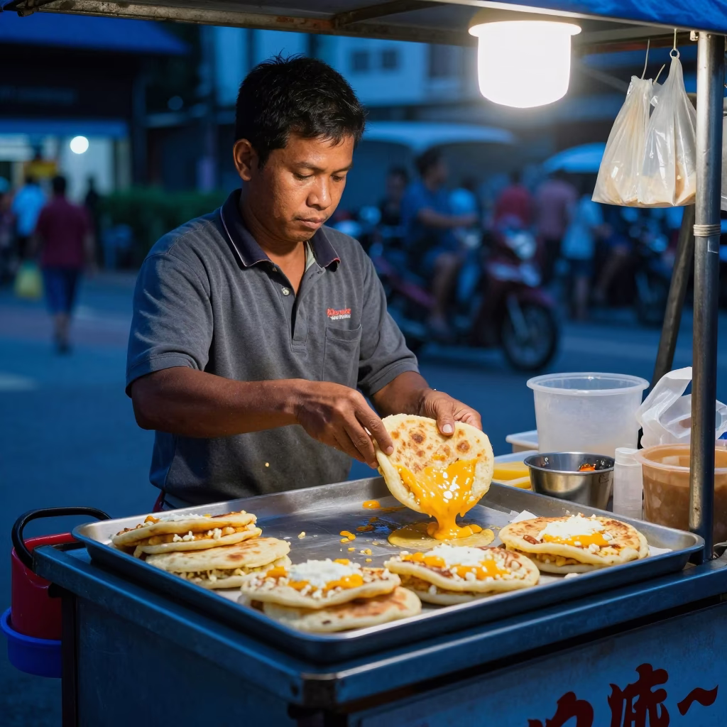 Kuala Lumpur street food stall vendor preparing arepas with cheese in evening blue light in in Kuala Lumpur, Malaysia