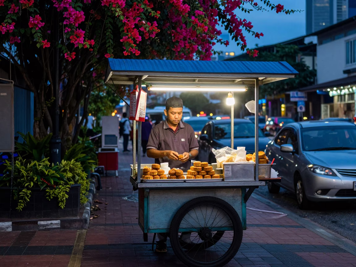 Kuala Lumpur Street Food Vendor at Dusk with Bougainvillea and Mooncakes in in Kuala Lumpur, Malaysia