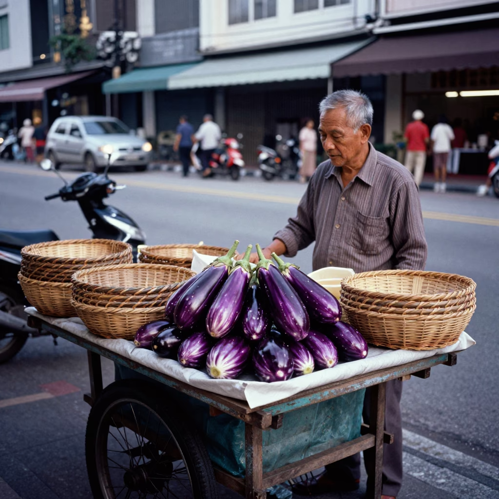 Kuala Lumpur street food vendor selling eggplants and woven baskets at dusk in in Kuala Lumpur, Malaysia