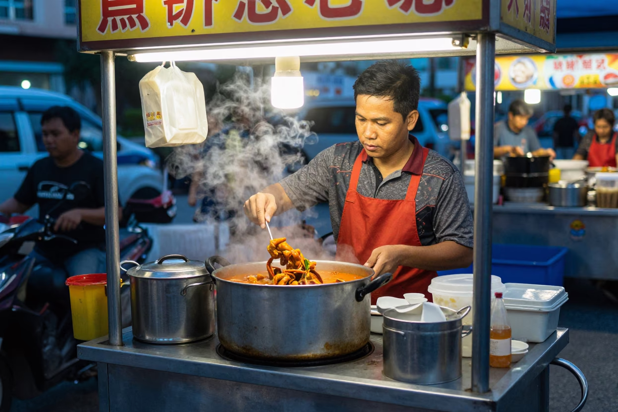 Kuala Lumpur Street Food Vendor Selling Tom Yum Goong in Evening Blue Light in in Kuala Lumpur, Malaysia