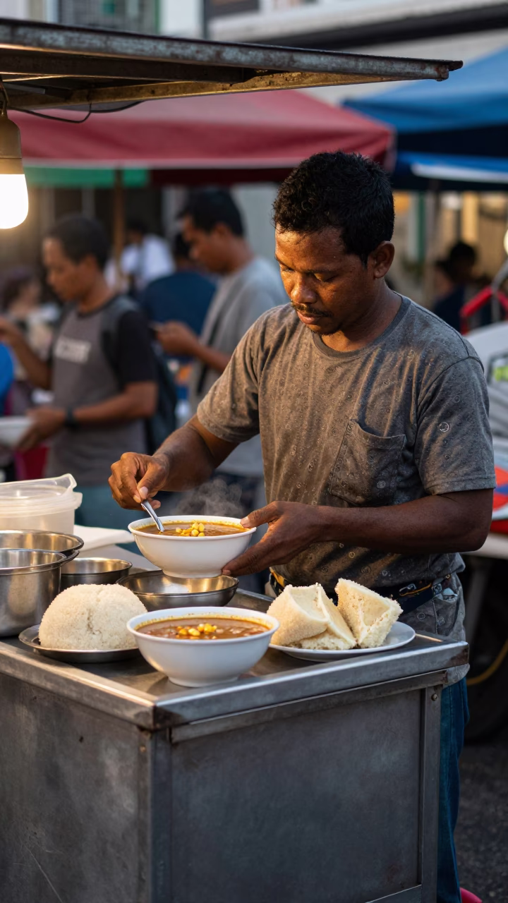 Kuala Lumpur Street Food Vendor Selling West African Groundnut Soup with Fufu at Dusk in in Kuala Lumpur, Malaysia