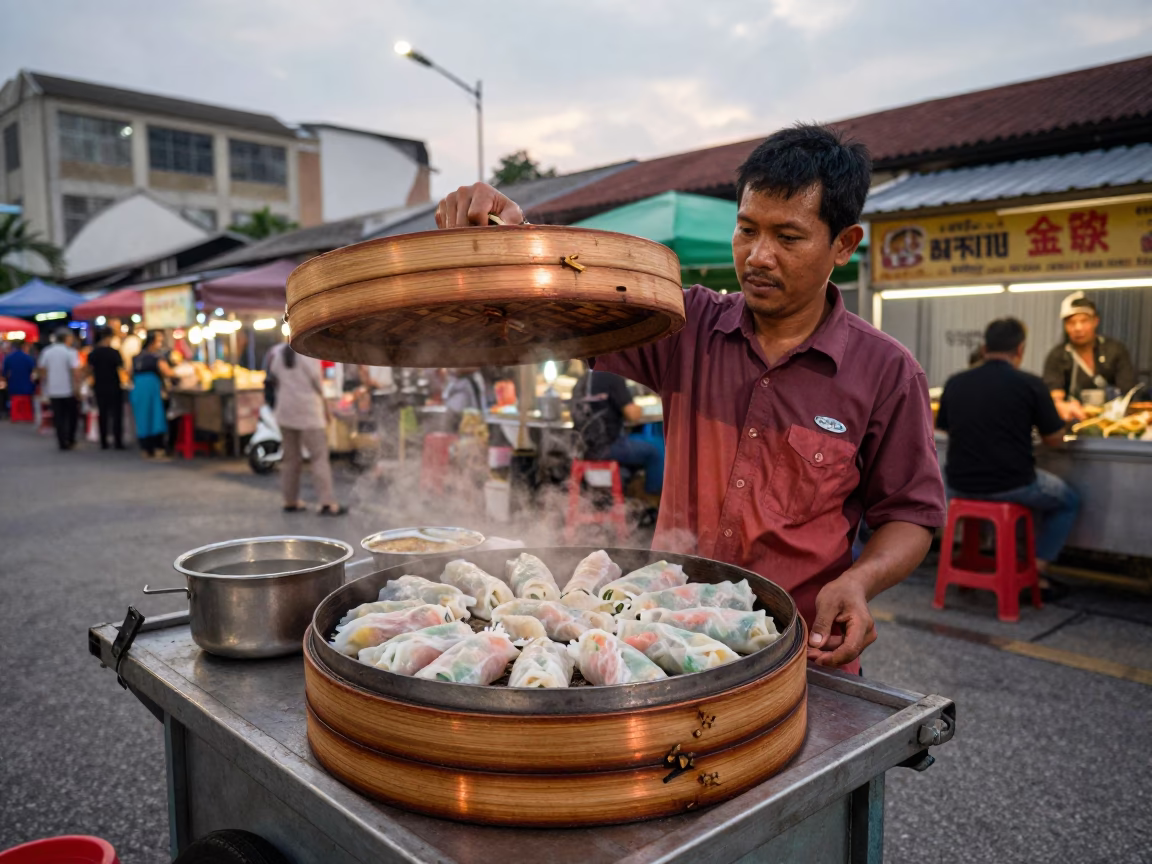 Kuala Lumpur Street Food Vendor Serving Banh Cuon in Copper Dusk Light in in Kuala Lumpur, Malaysia