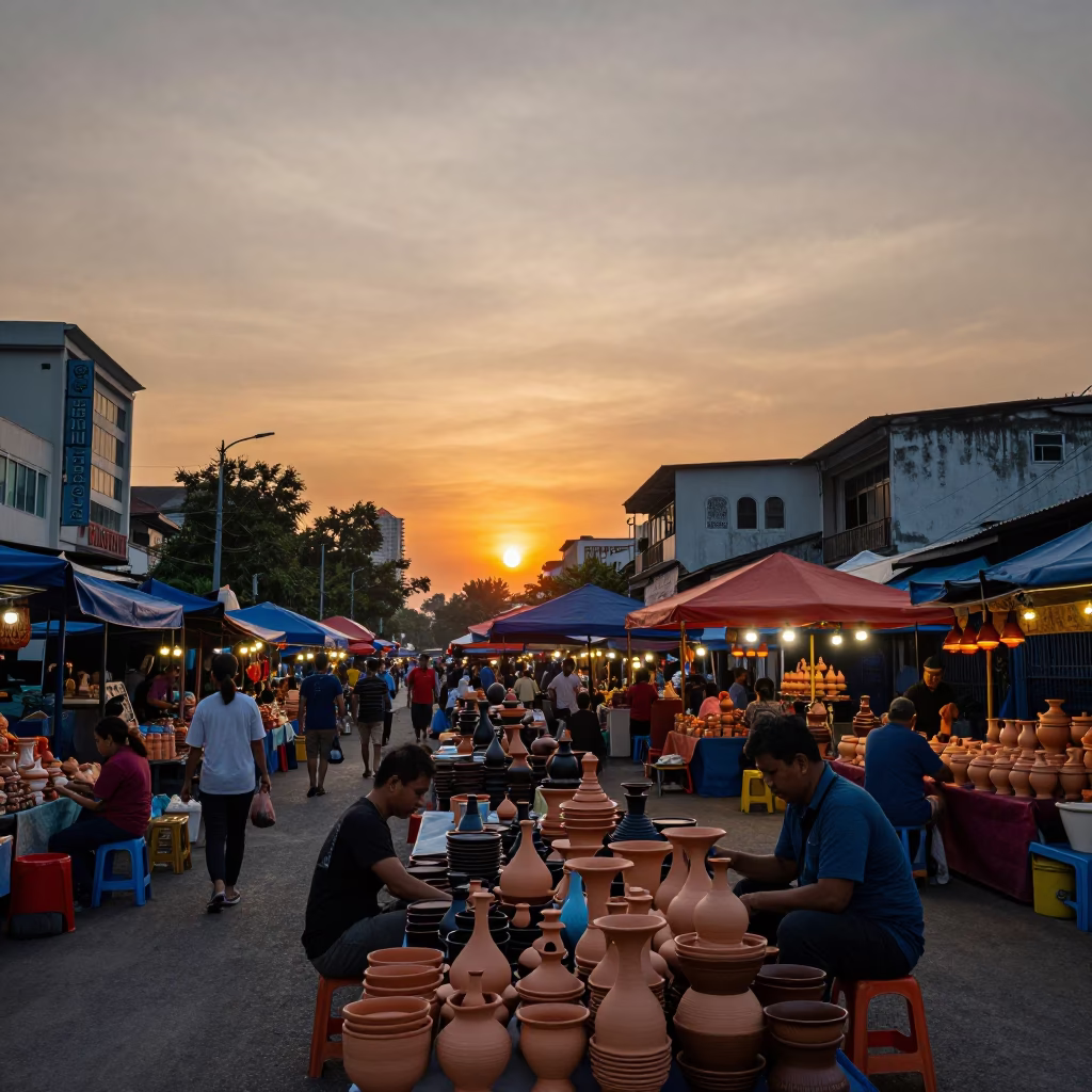 Kuala Lumpur Street Market at Sunset with Stacked Pottery Wares and Local Commerce in in Kuala Lumpur, Malaysia