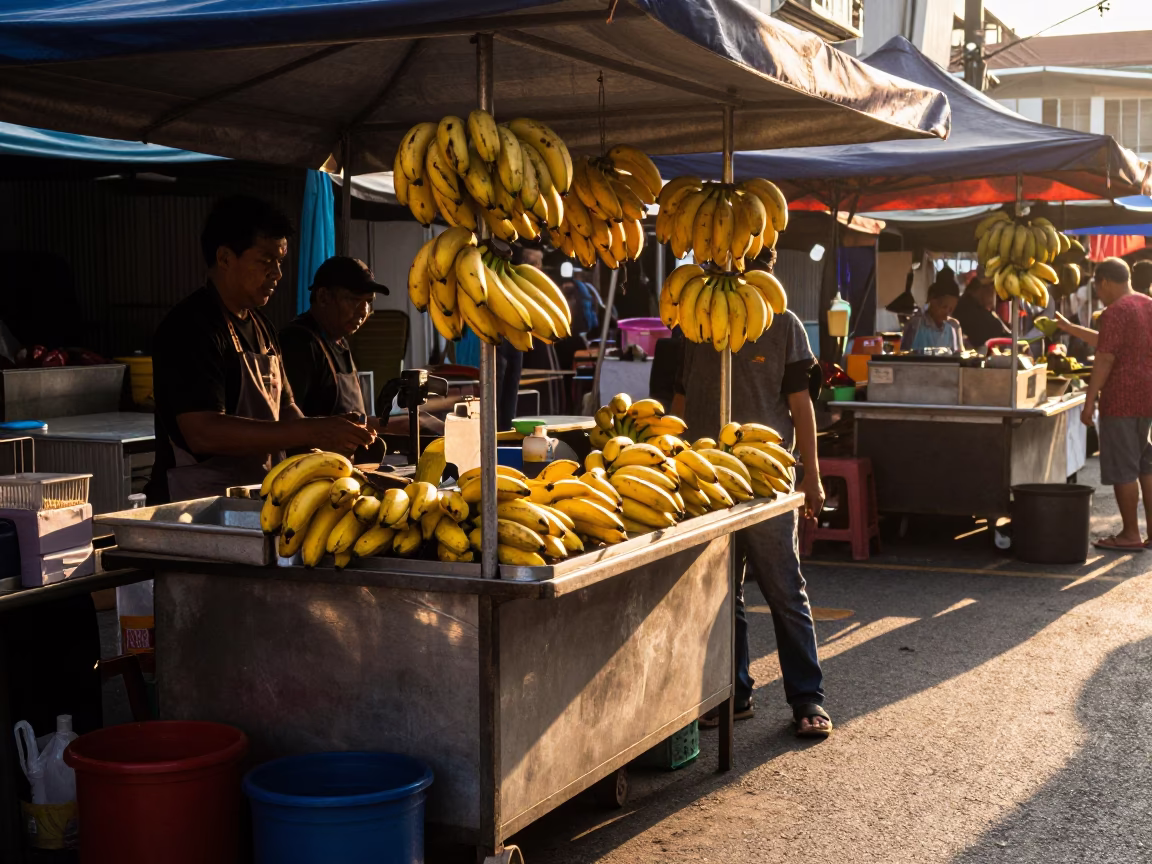 Kuala Lumpur Street Market Stall at Sunset with Bananas and Grease Sheen in in Kuala Lumpur, Malaysia