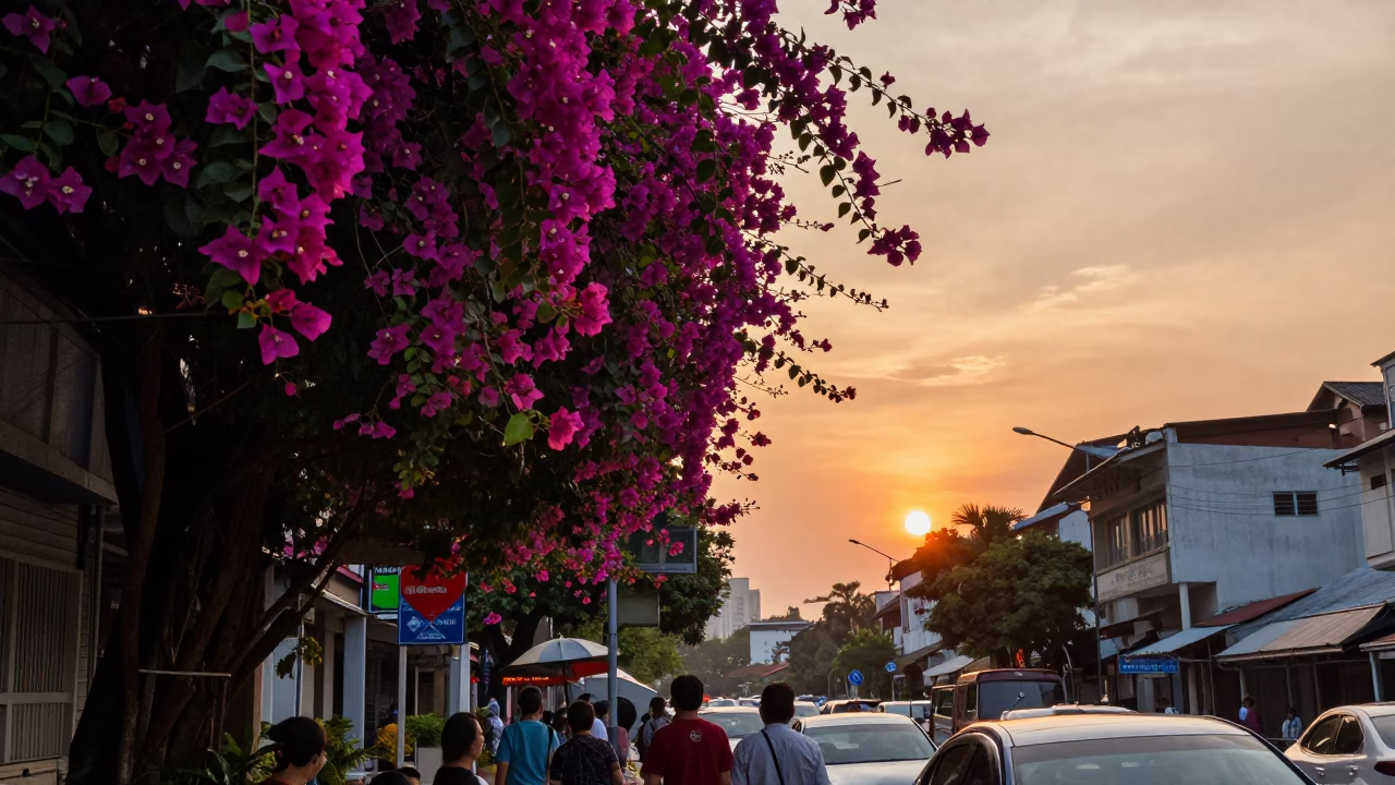 Kuala Lumpur Street Scene at As The Sun Drops Toward The Horizon in in Kuala Lumpur, Malaysia