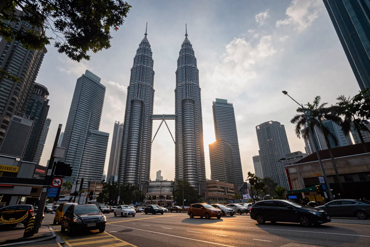 Kuala Lumpur Street Scene at As The Sun Drops Toward The Horizon in in Kuala Lumpur, Malaysia