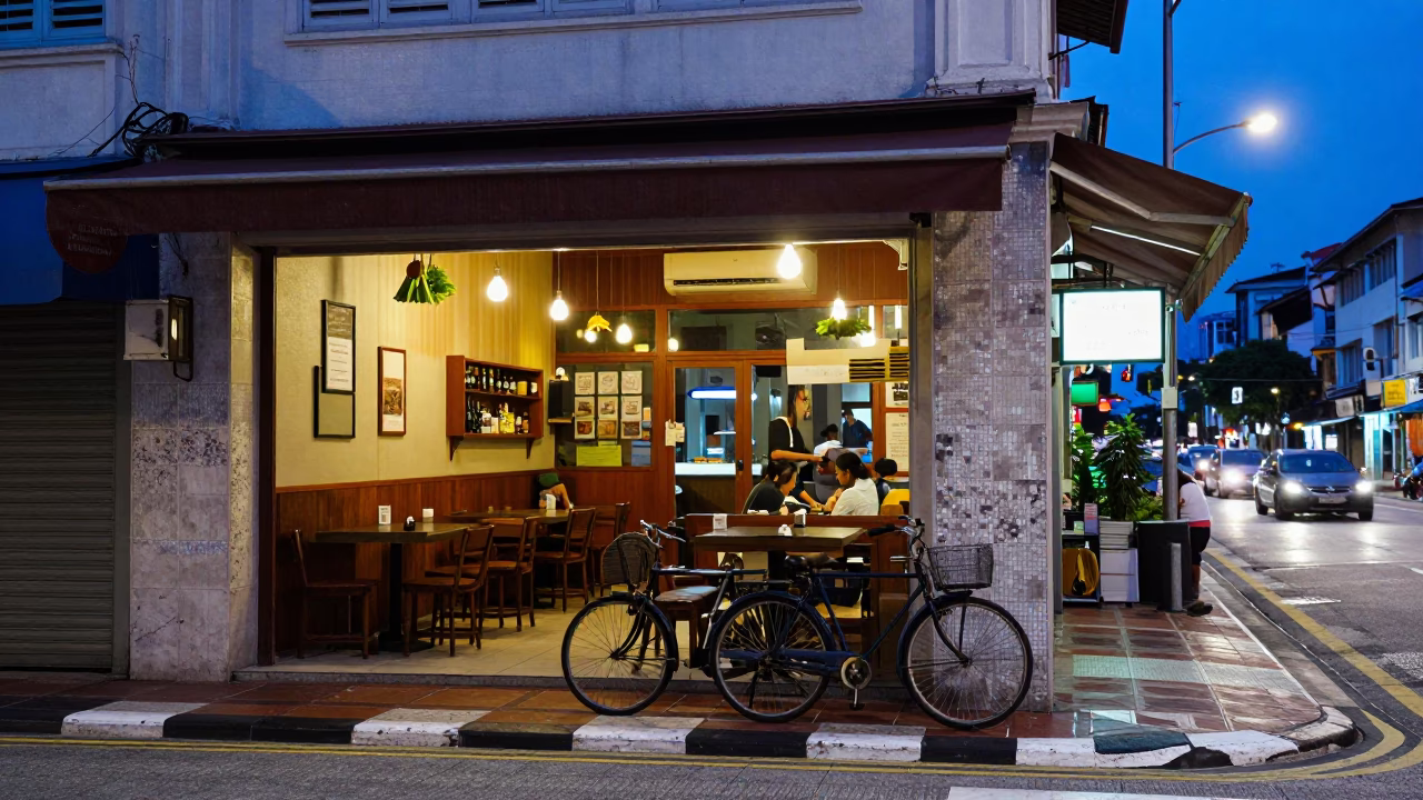 Kuala Lumpur Street Scene at Blue Hour with Bicycle and Local Street Food in in Kuala Lumpur, Malaysia