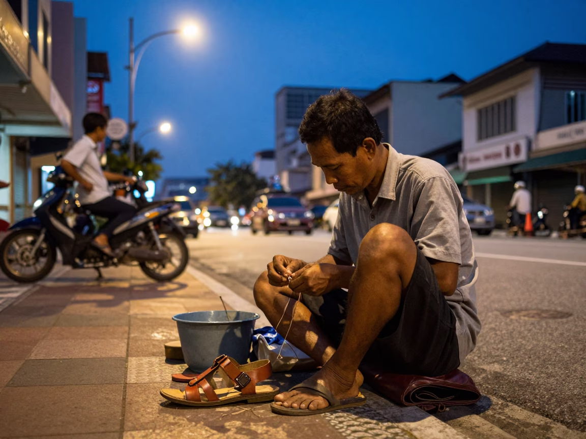 Kuala Lumpur street scene at blue hour with cobbler repairing sandals on roadside bench in in Kuala Lumpur, Malaysia