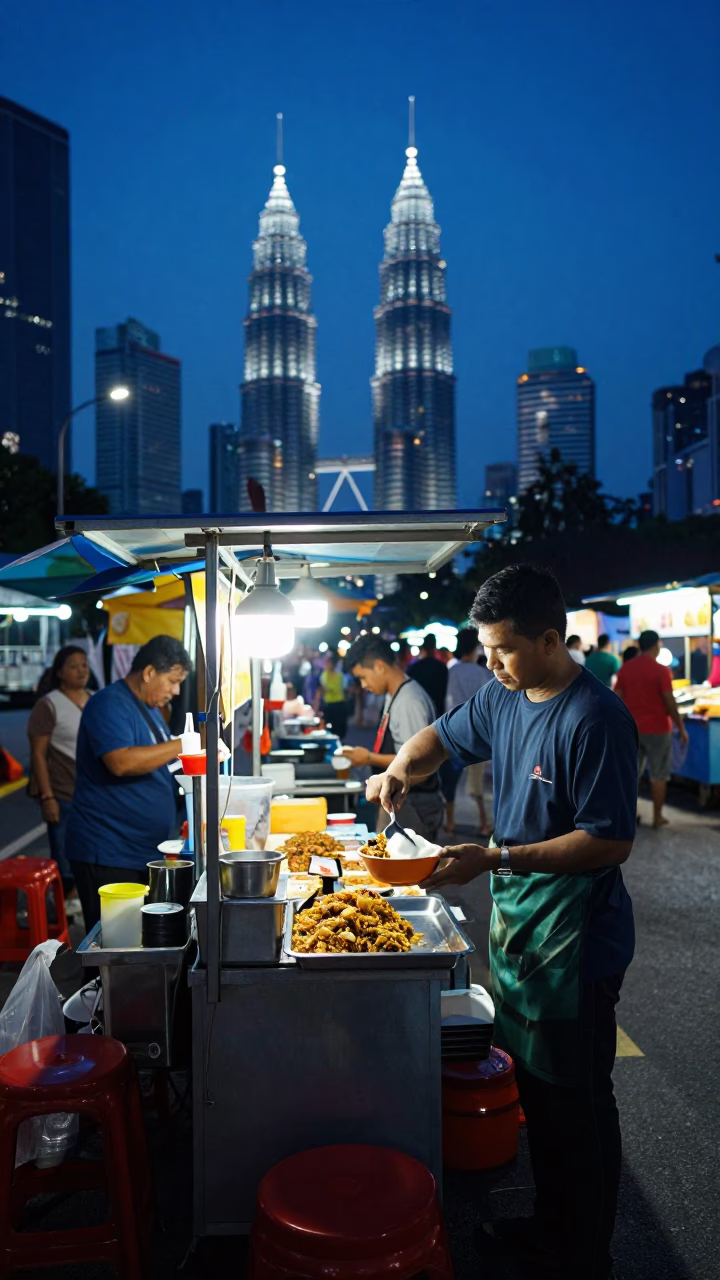 Kuala Lumpur Street Scene at Blue Hour with Food Stall and City Skyline in in Kuala Lumpur, Malaysia