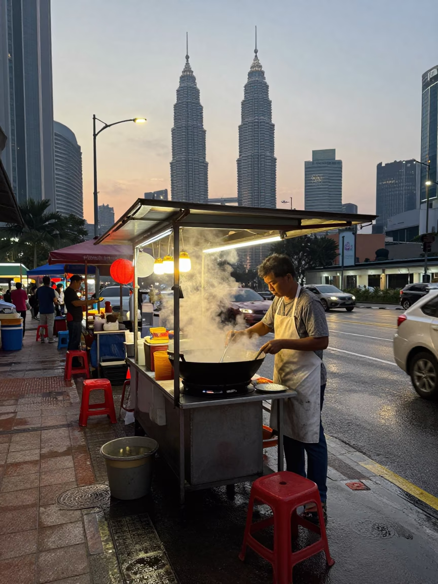Kuala Lumpur Street Scene at Dawn with Local Breakfast Stall and Morning Light in in Kuala Lumpur, Malaysia