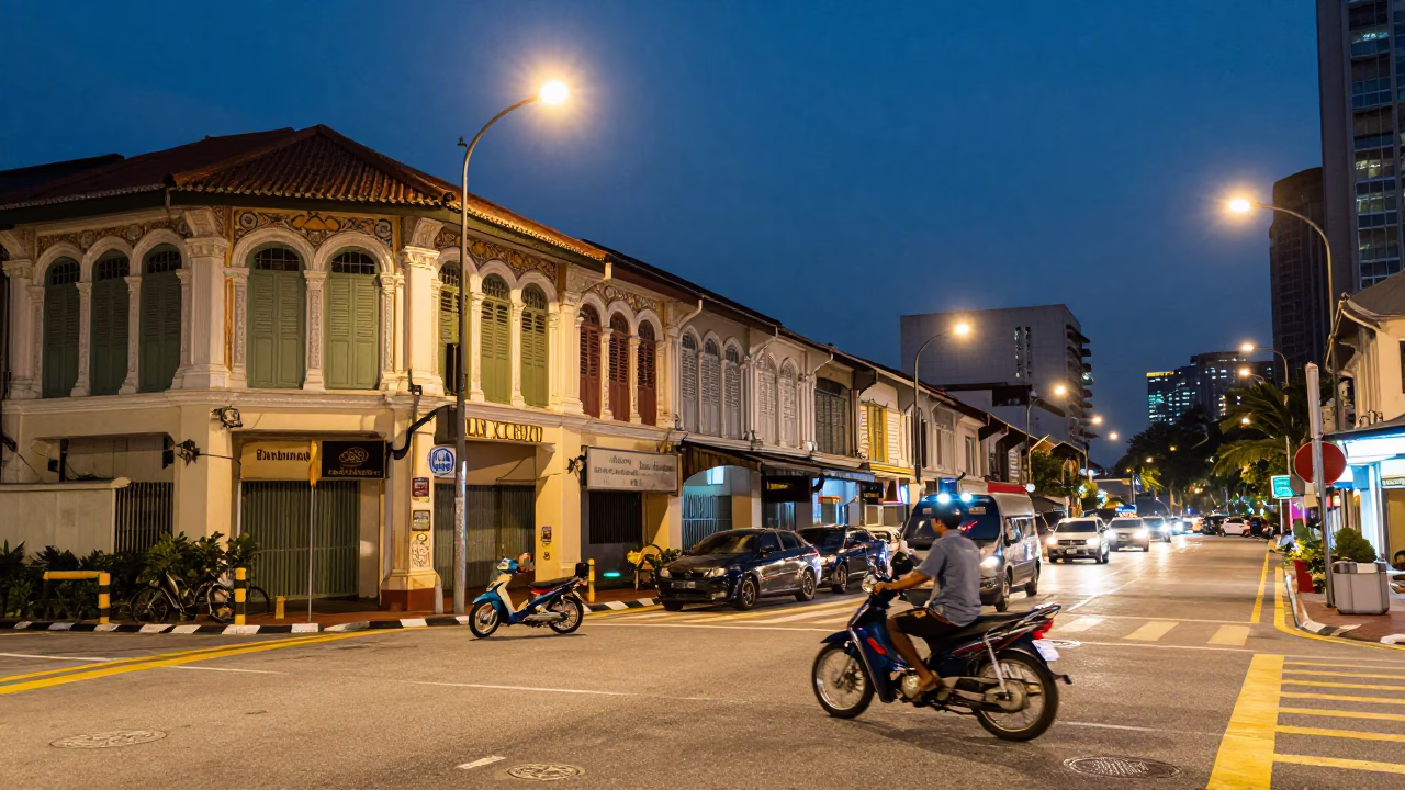 Kuala Lumpur street scene at dusk with motorcycle taxi and colonial shophouses in in Kuala Lumpur, Malaysia