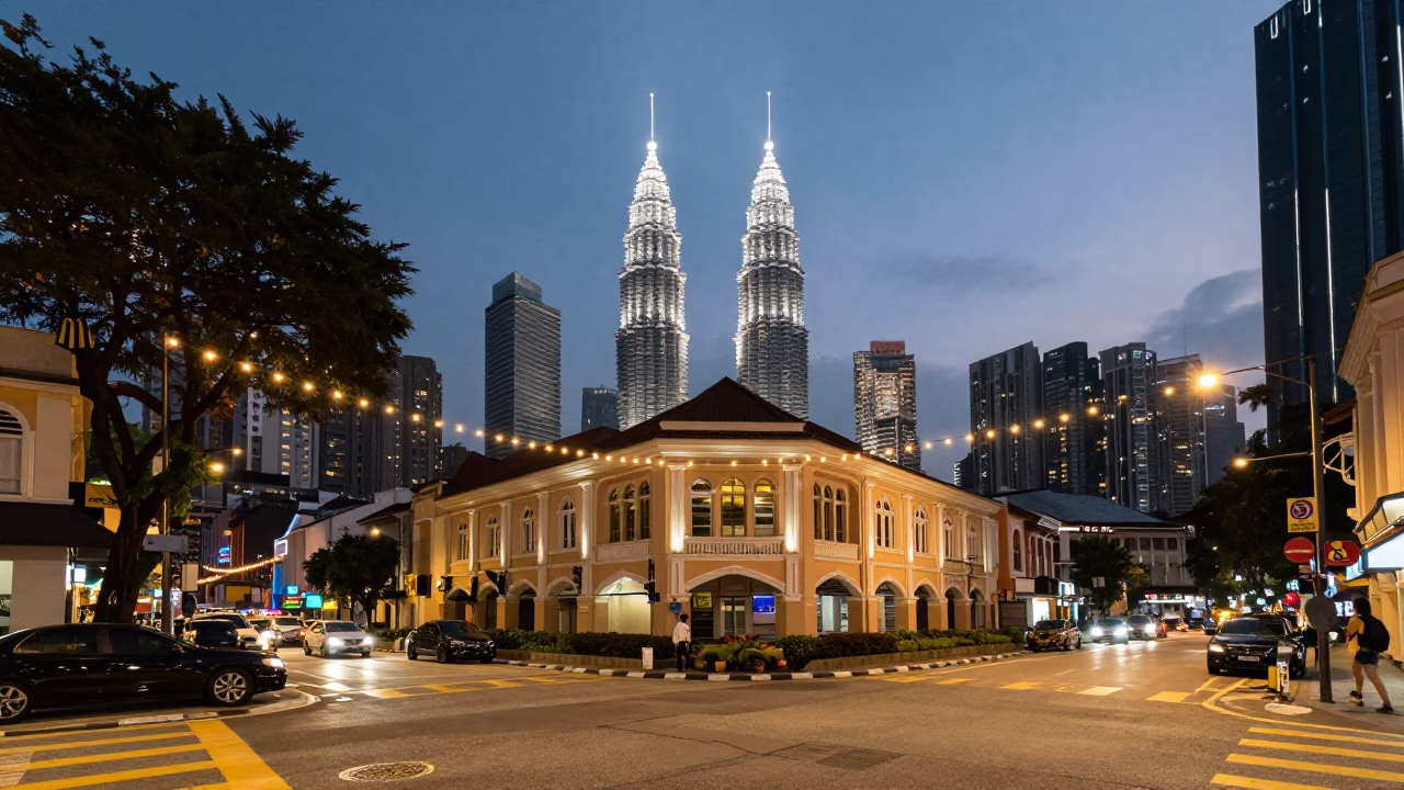 Kuala Lumpur Street Scene at Dusk with String Lights and Observatory Silhouette in in Kuala Lumpur, Malaysia