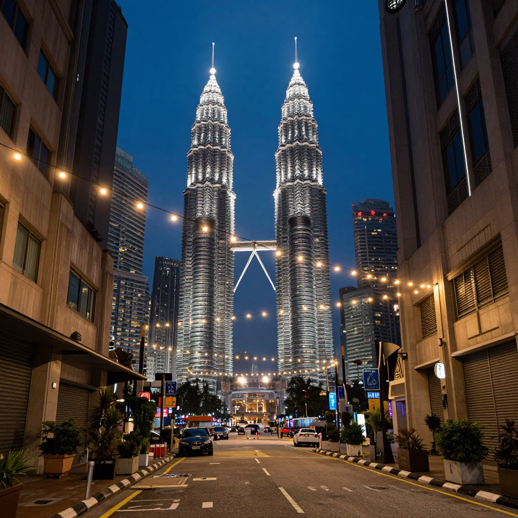 Kuala Lumpur Street Scene at Dusk with String Lights and Urban Life in in Kuala Lumpur, Malaysia