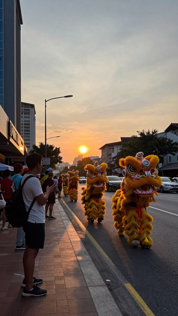 Kuala Lumpur street scene at dusk with traditional lion dance performance and urban backdrop in in Kuala Lumpur, Malaysia