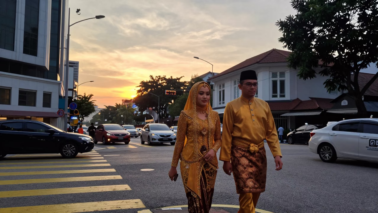 Kuala Lumpur street scene at dusk with traditional Malay wedding procession and modern skyline in in Kuala Lumpur, Malaysia
