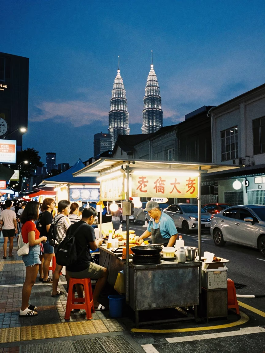 Kuala Lumpur street scene at indigo twilight with street food vendor and urban skyline in in Kuala Lumpur, Malaysia