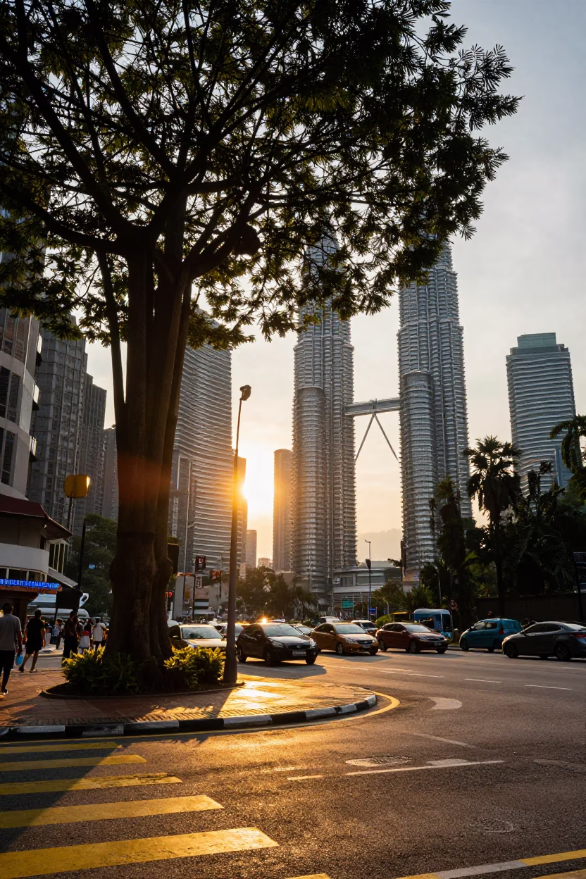 Kuala Lumpur Street Scene at Sunset with Banyan Tree and Steel Bench in in Kuala Lumpur, Malaysia