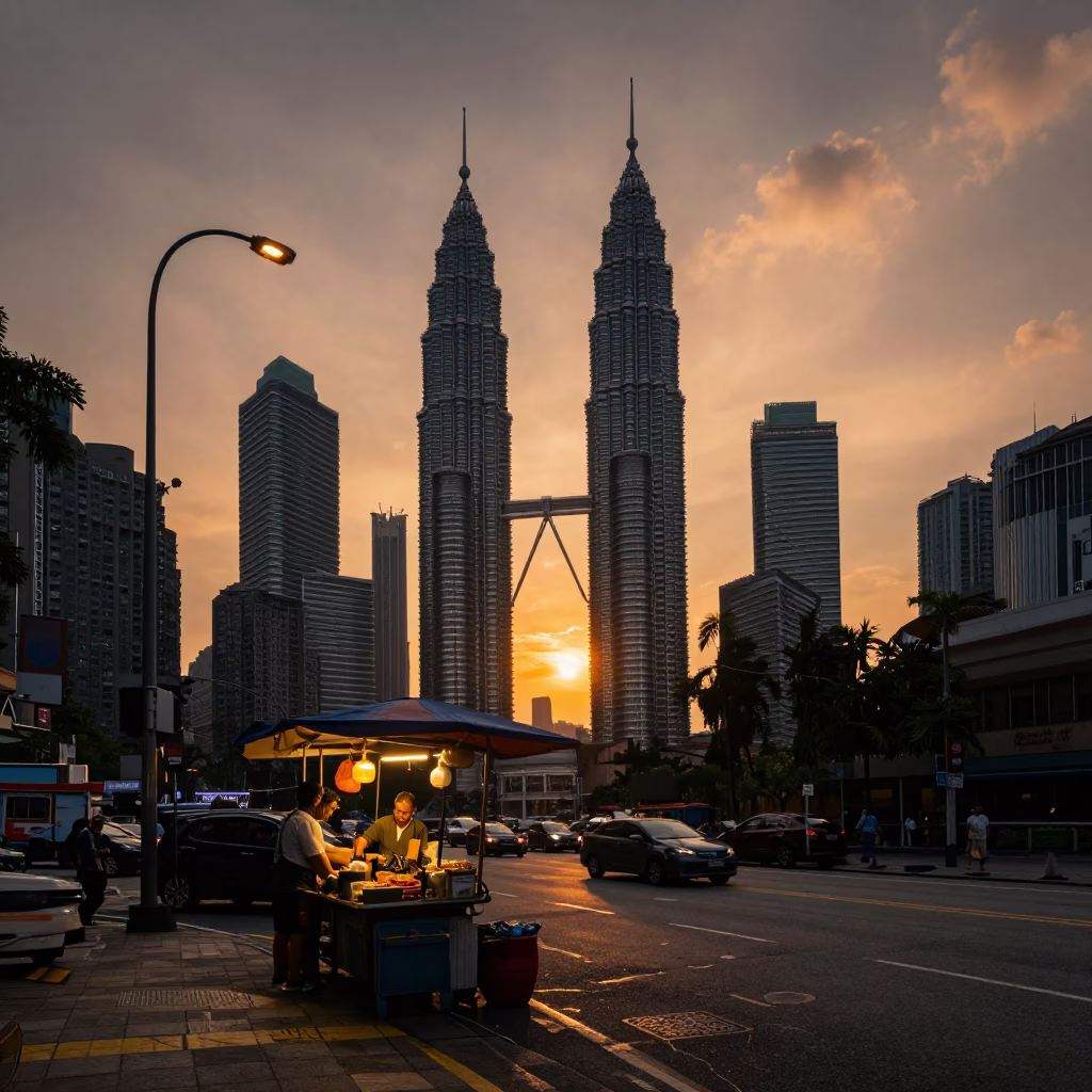 Kuala Lumpur Street Scene at Sunset with Local Vendor and Fruit Bowl in in Kuala Lumpur, Malaysia