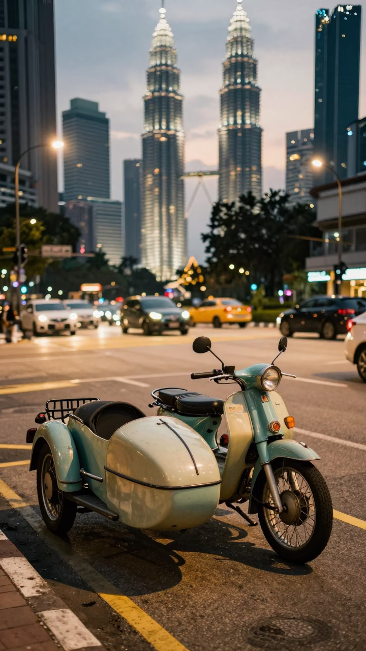 Kuala Lumpur street scene at twilight with vintage motorcycle and sidecar in in Kuala Lumpur, Malaysia