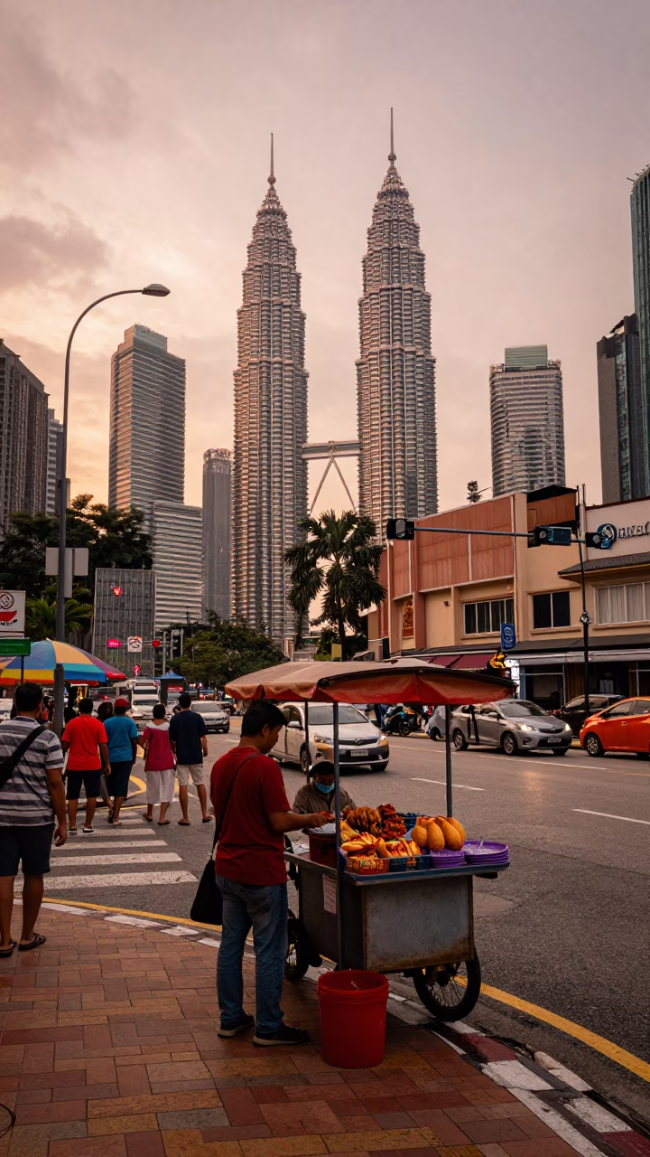 Kuala Lumpur Street Scene Before Dusk with Pedestrians and Urban Details in in Kuala Lumpur, Malaysia
