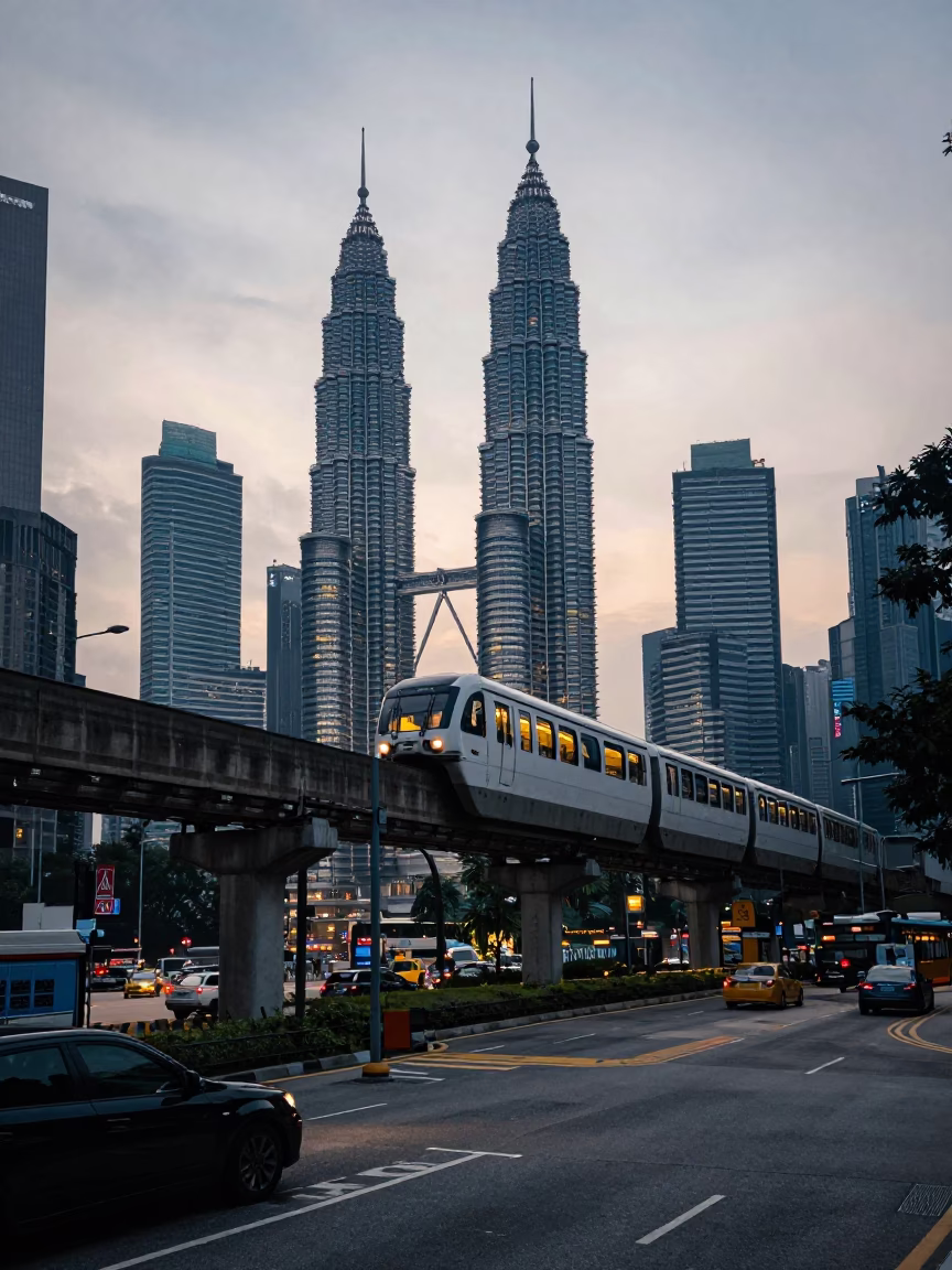 Kuala Lumpur Street Scene Before Sunrise with Monorail and Local Breakfast Stall in in Kuala Lumpur, Malaysia
