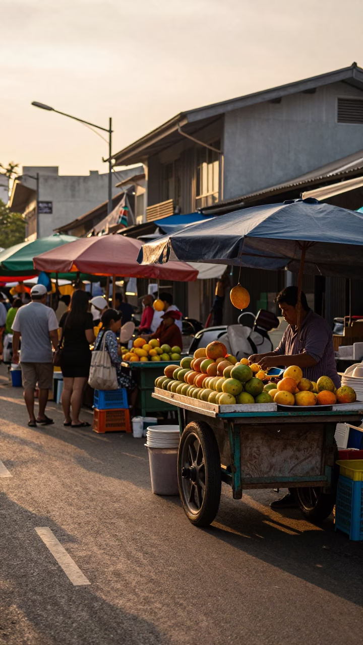 Kuala Lumpur Street Scene Honeyed Evening Light Local Market Activity in in Kuala Lumpur, Malaysia