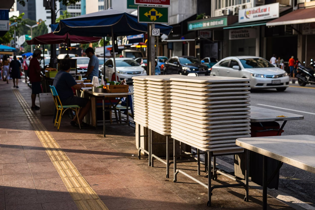 Kuala Lumpur Street Scene Late Afternoon Light with Folding Tables and Houseplants in in Kuala Lumpur, Malaysia