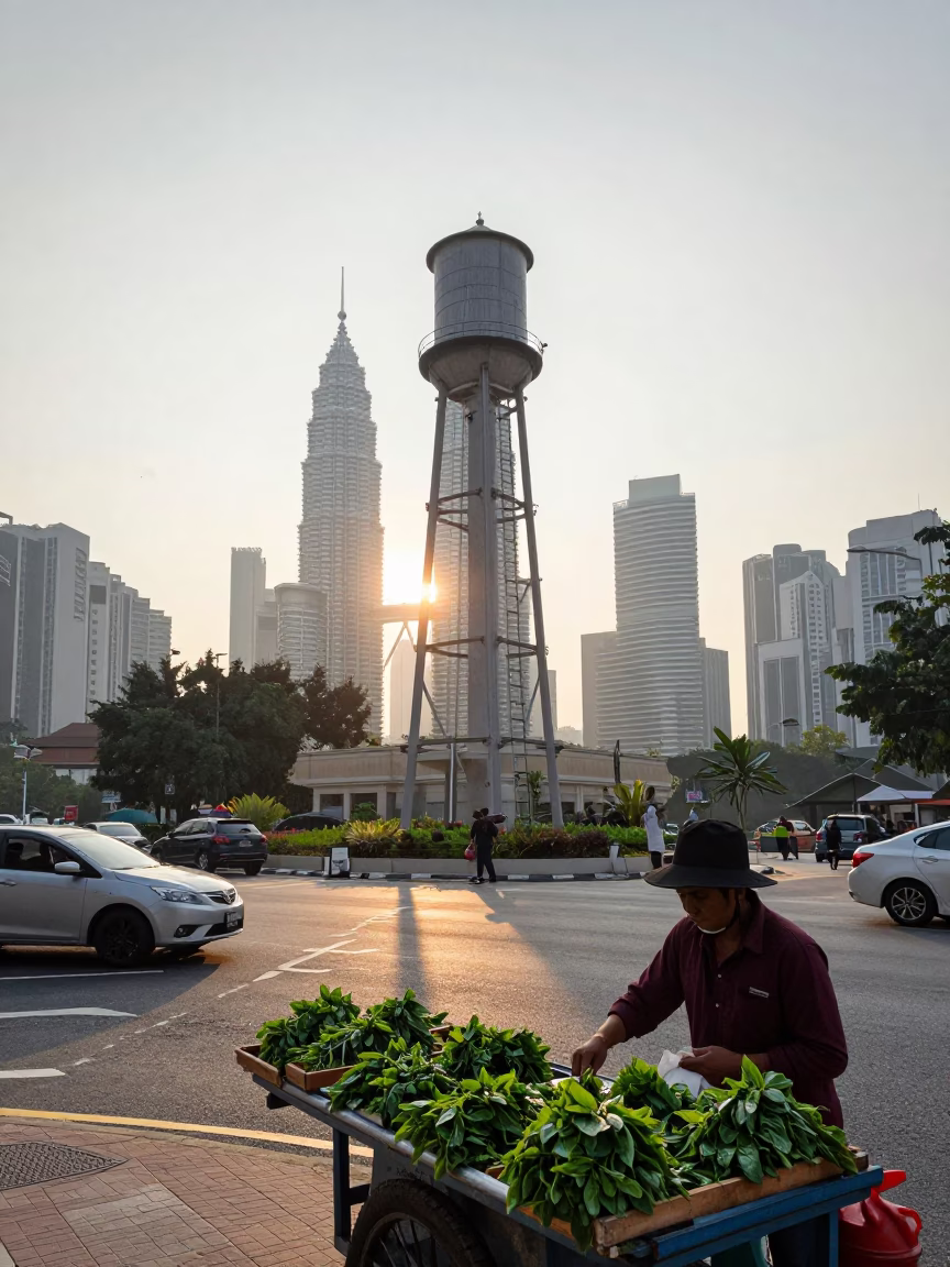 Kuala Lumpur Street Scene Morning Sunrise with Water Tower Ladder and Local Market Activity in in Kuala Lumpur, Malaysia