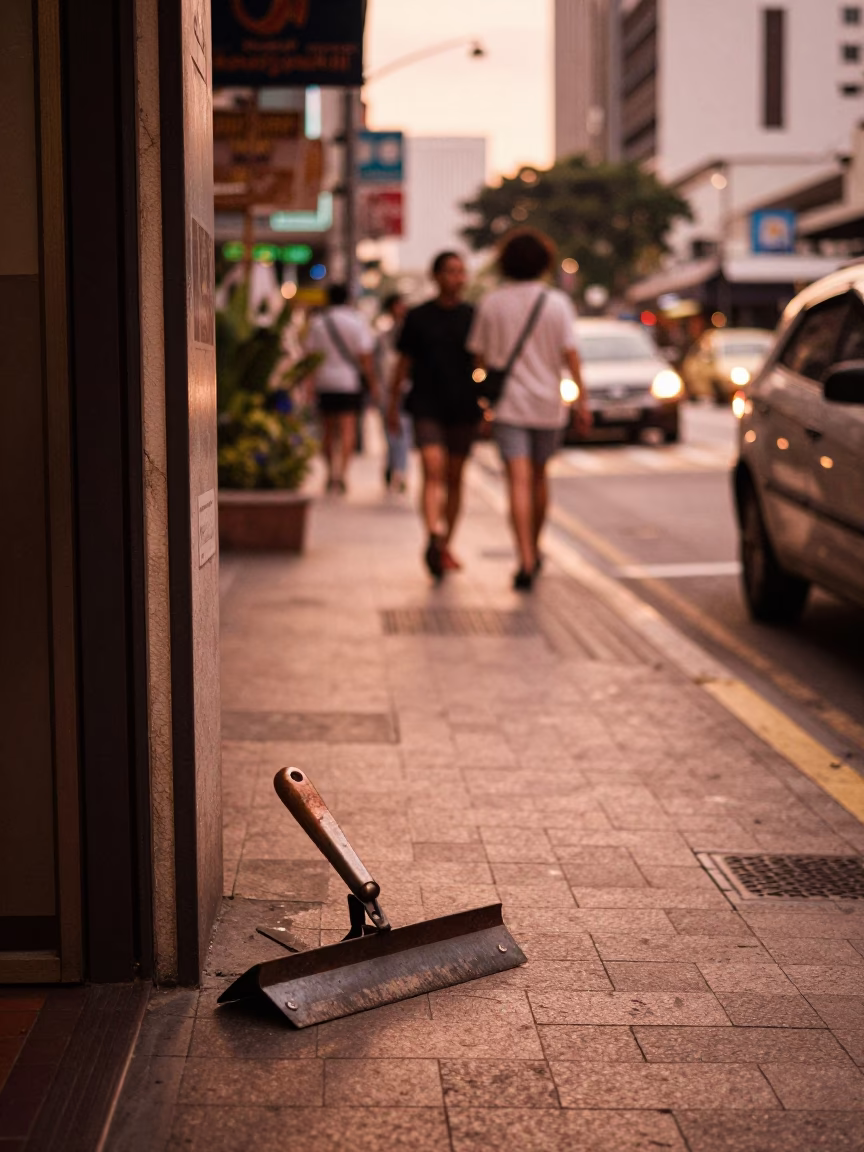 Kuala Lumpur street scene with boot scraper and morning glory under copper dusk light in in Kuala Lumpur, Malaysia
