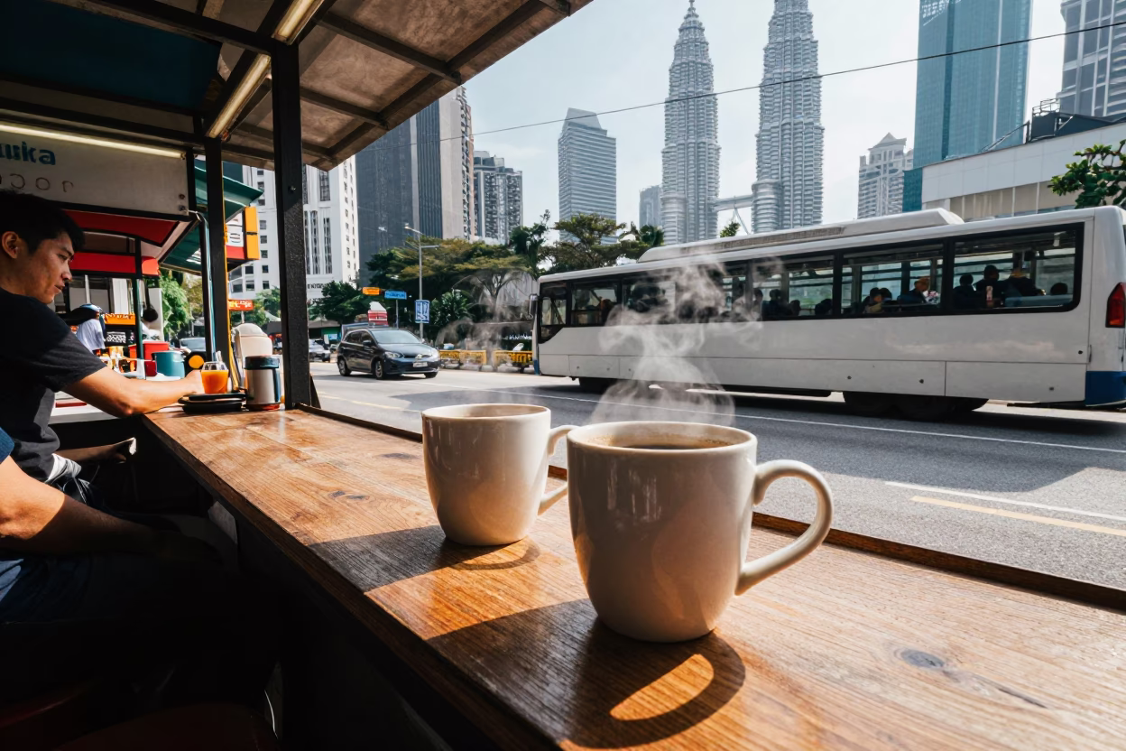 Kuala Lumpur Street Scene with Coffee Mugs and Cable Car in Late Afternoon Light in in Kuala Lumpur, Malaysia