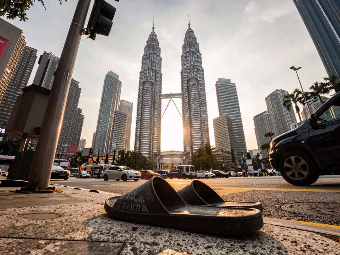 Kuala Lumpur Street Scene with Rubber Slippers and Petronas Towers at Golden Hour in in Kuala Lumpur, Malaysia