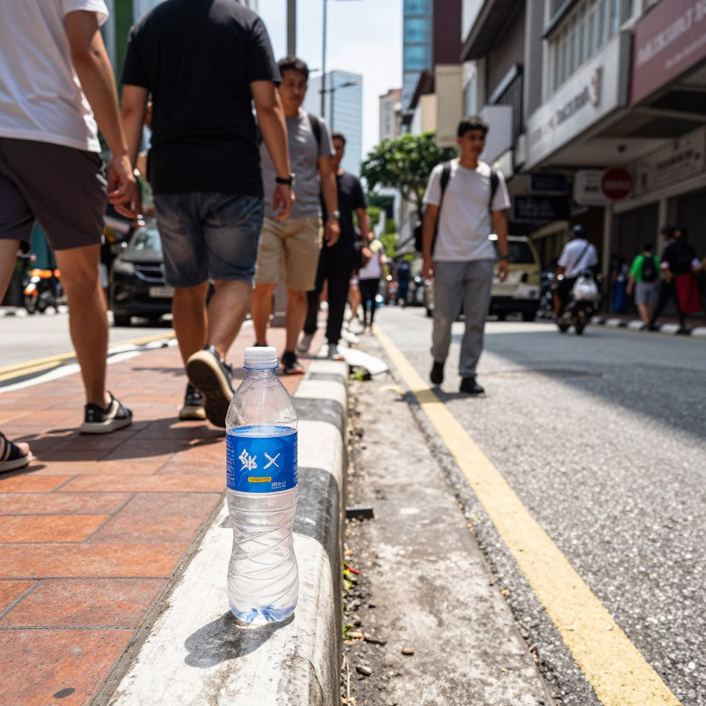 Kuala Lumpur street scene with tourist water bottle and narrow gauge train in background in in Kuala Lumpur, Malaysia