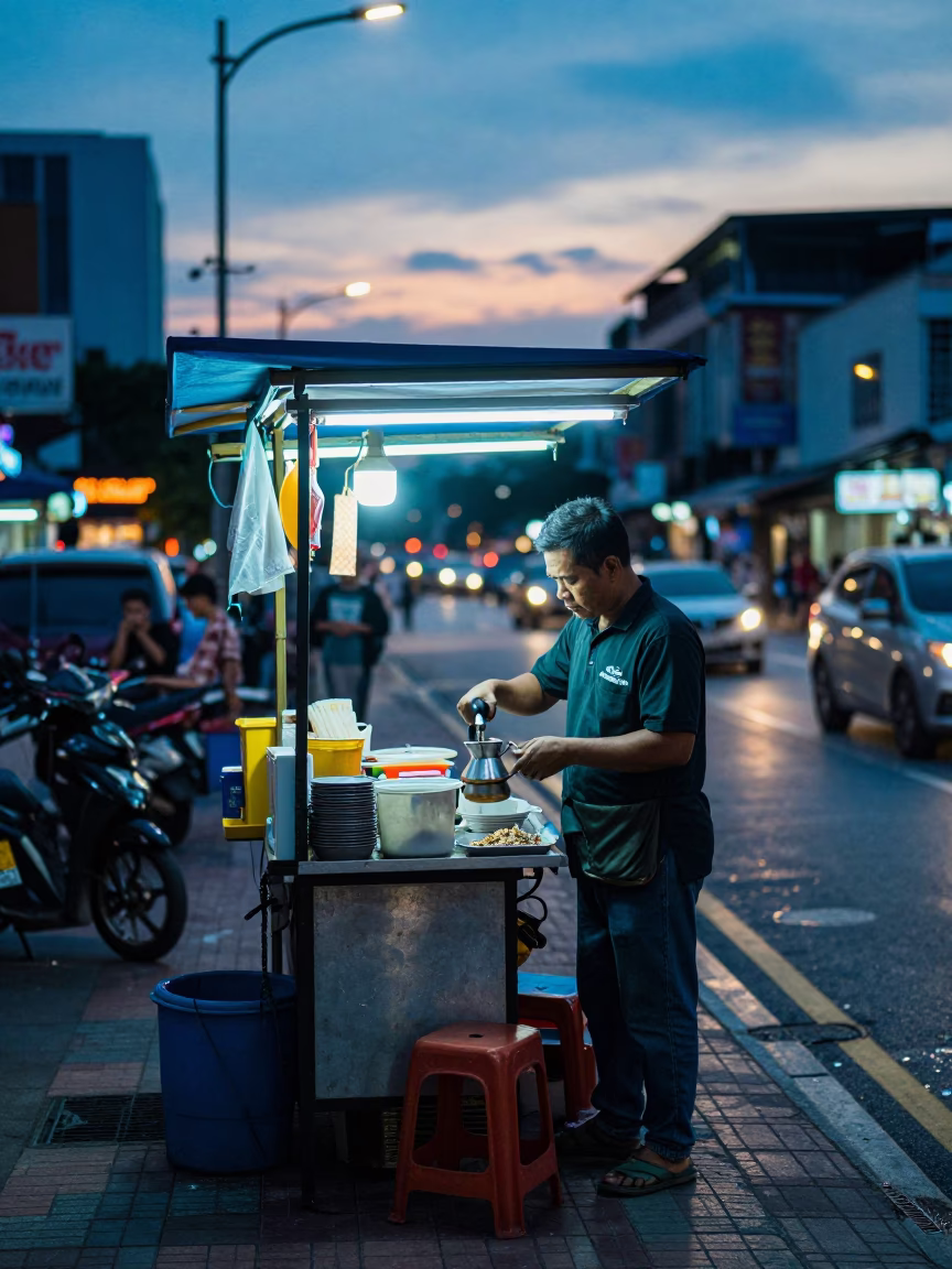 Kuala Lumpur Street Vendor Evening Blue Light with Pour Over Coffee and Ashtray in in Kuala Lumpur, Malaysia