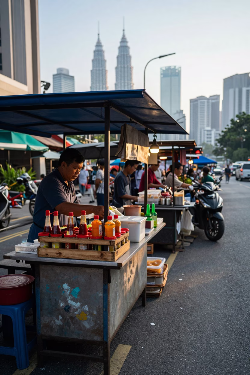 Kuala Lumpur Street Vendor Morning Stall with Paint Flecks and Twine Fibers in in Kuala Lumpur, Malaysia