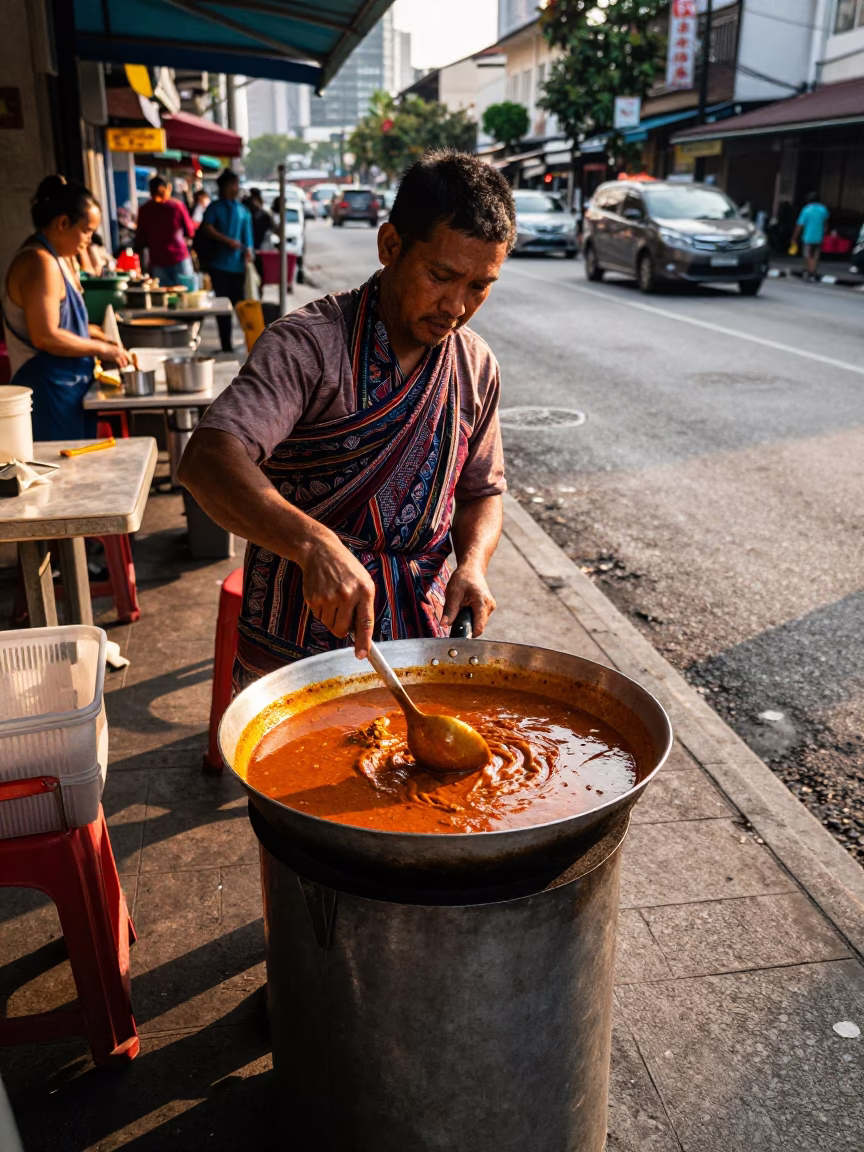 Kuala Lumpur Street Vendor Prepares Spicy Curry Saucepan Late Afternoon in in Kuala Lumpur, Malaysia