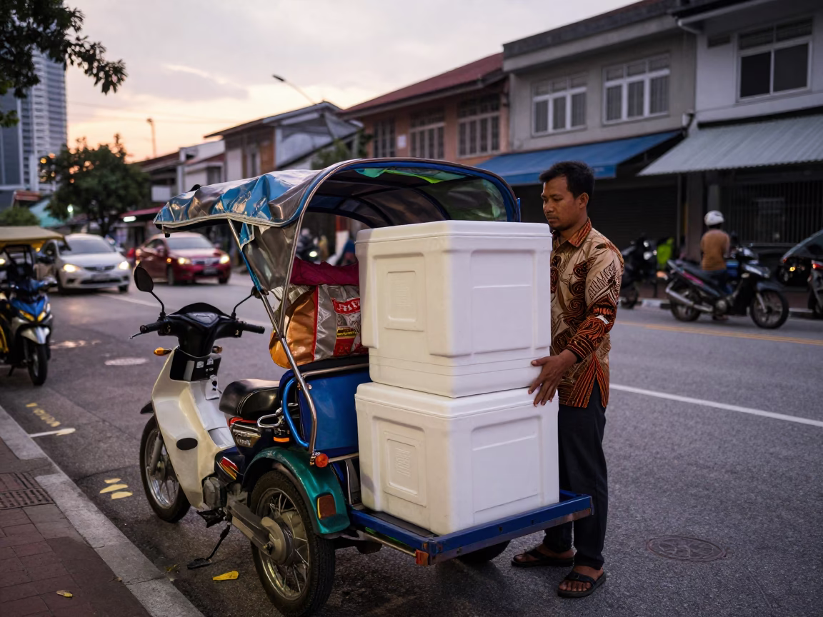 Kuala Lumpur Street Vendor Preparing Cold Chain Logistics Before Dawn in in Kuala Lumpur, Malaysia