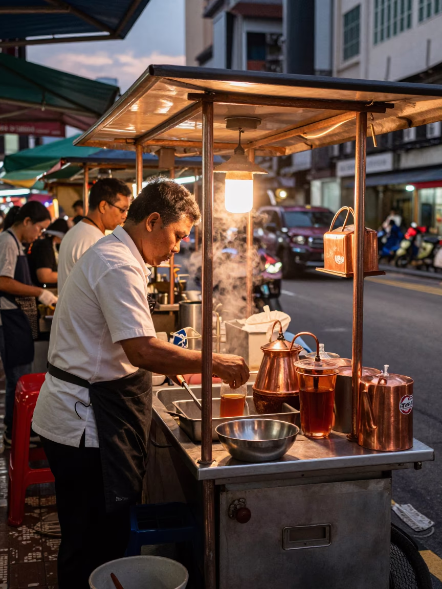 Kuala Lumpur street vendor preparing tea in copper dusk light in in Kuala Lumpur, Malaysia