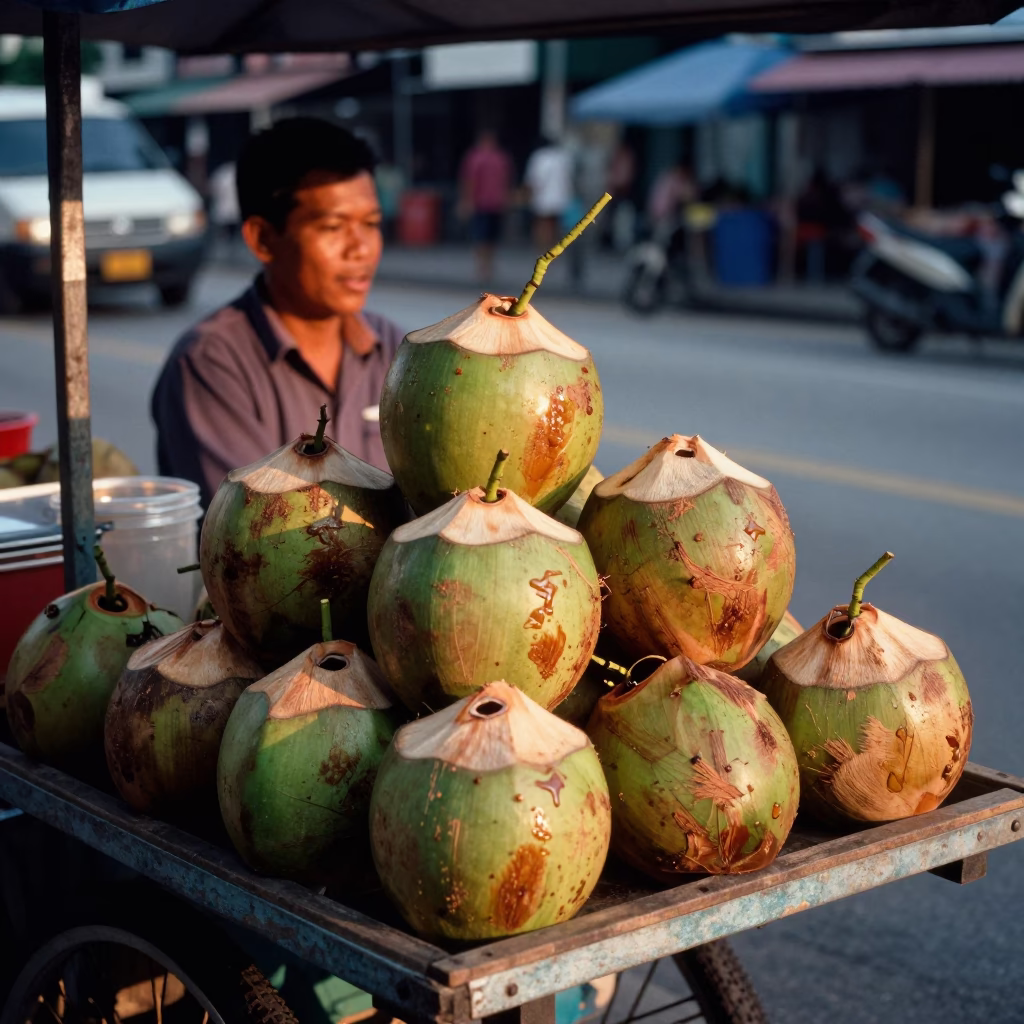 Kuala Lumpur Street Vendor Selling Coconuts in Honeyed Evening Light in in Kuala Lumpur, Malaysia