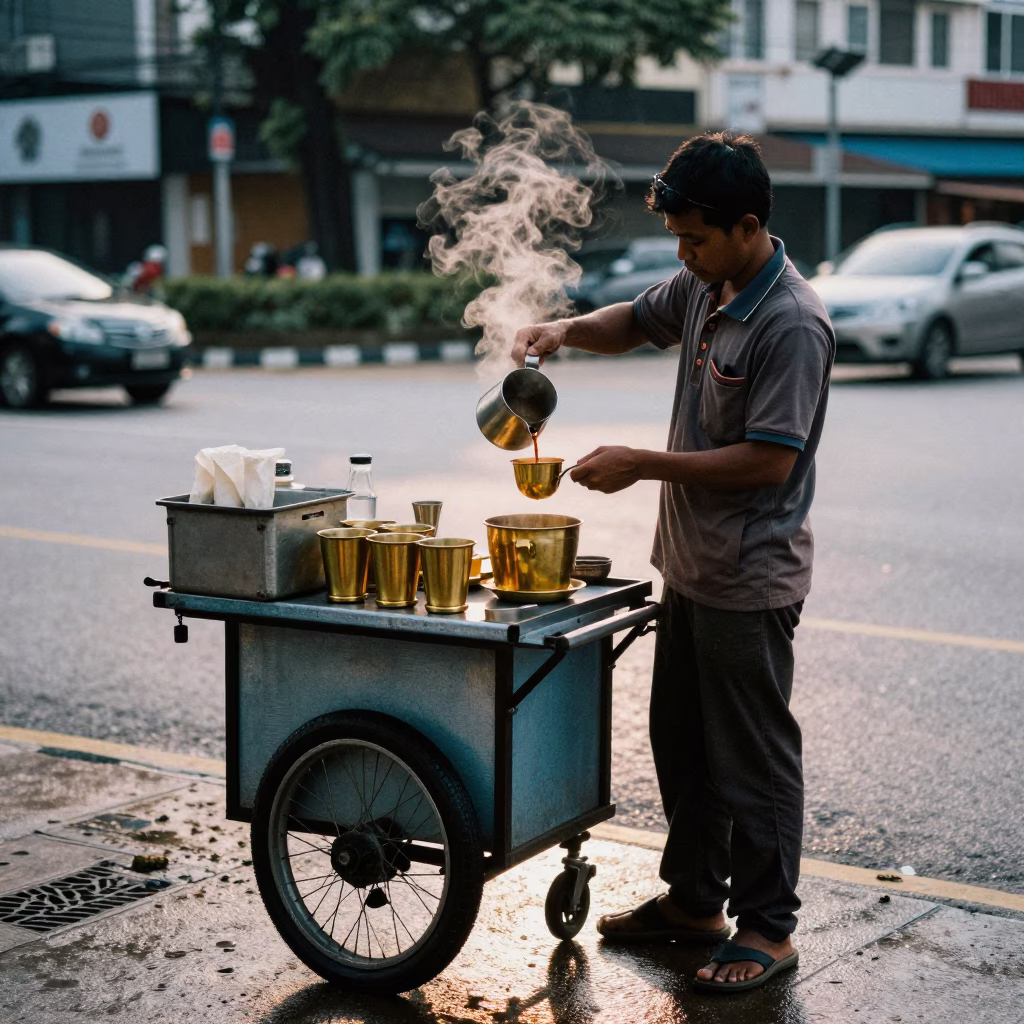 Kuala Lumpur street vendor selling coffee at nautical dawn with brass cup in in Kuala Lumpur, Malaysia