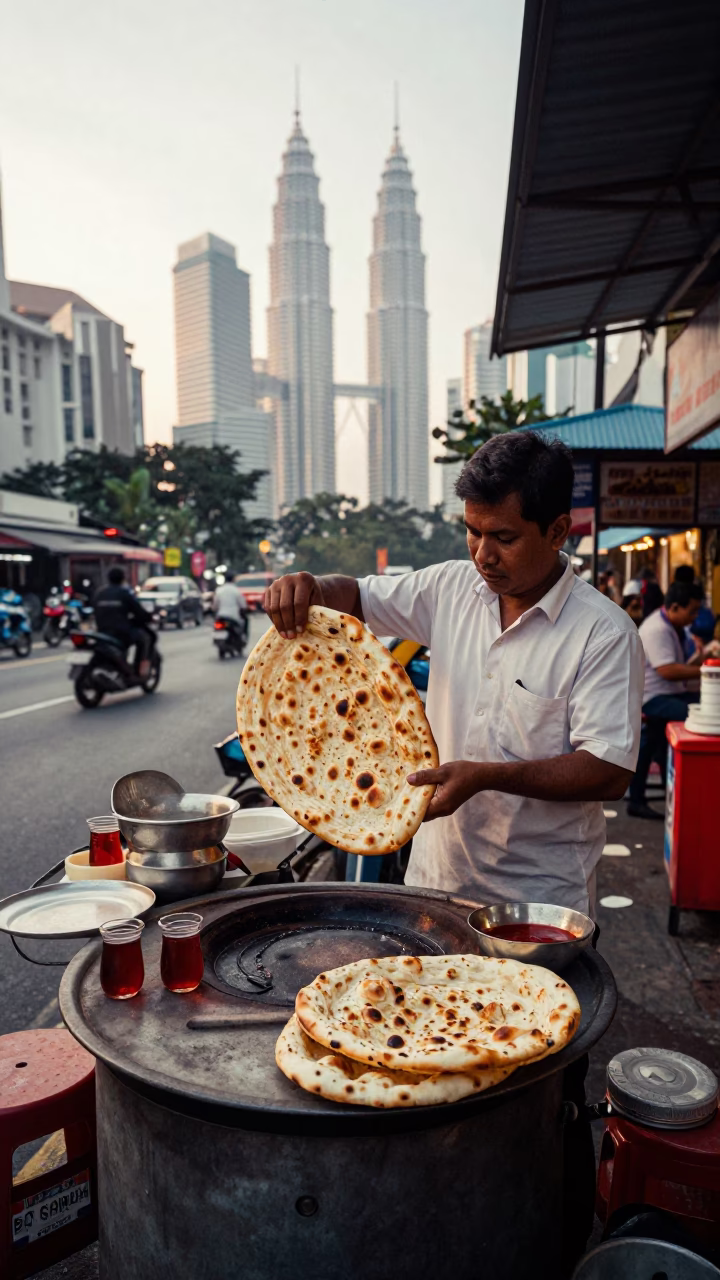 Kuala Lumpur street vendor serving hot tandoori naan and tea at dawn in in Kuala Lumpur, Malaysia