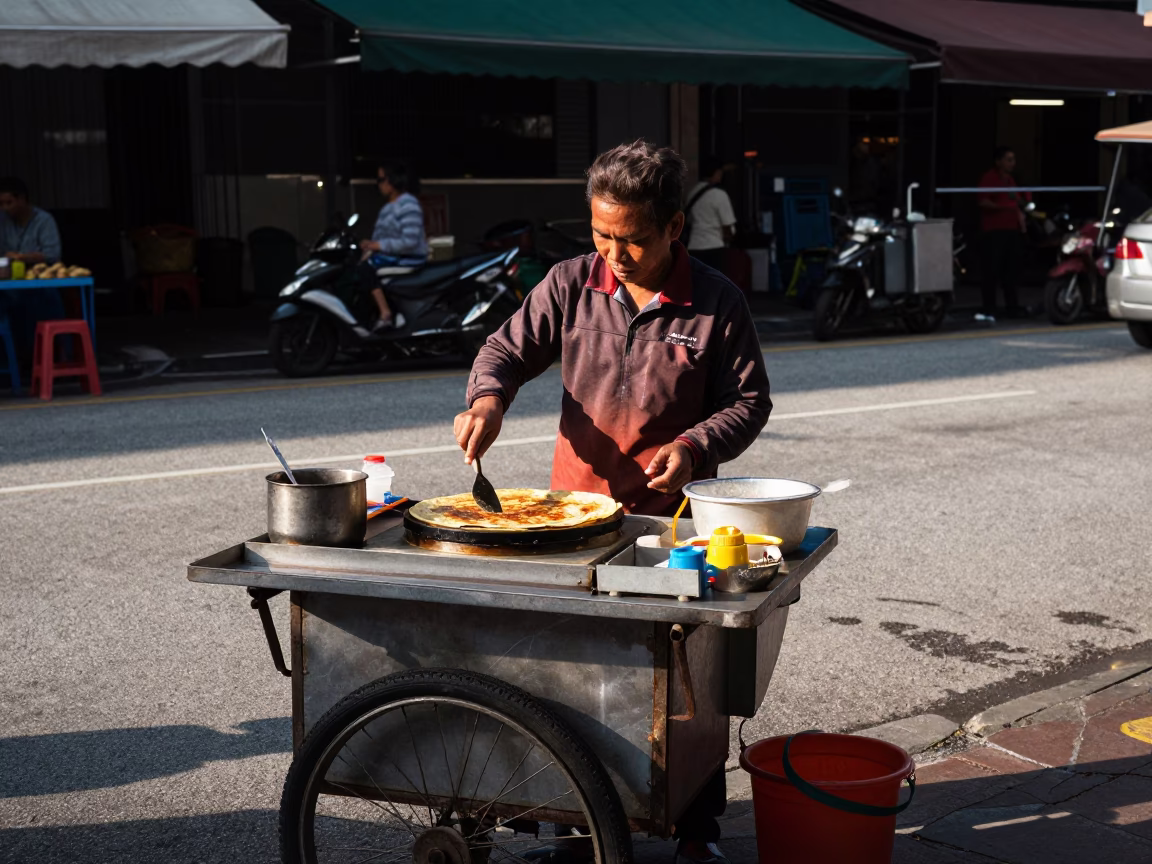 Kuala Lumpur street vendor serving jianbing crepe in early afternoon sunlight in in Kuala Lumpur, Malaysia