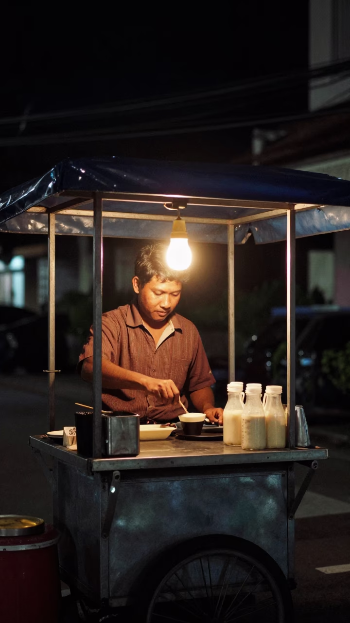 Kuala Lumpur Street Vendor Serving Late Night Coffee Under Deep Night Sky in in Kuala Lumpur, Malaysia