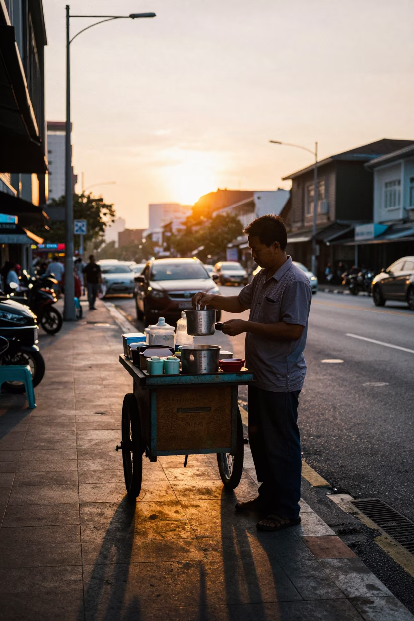 Kuala Lumpur Street Vendor with Measuring Cup at Sunset in in Kuala Lumpur, Malaysia