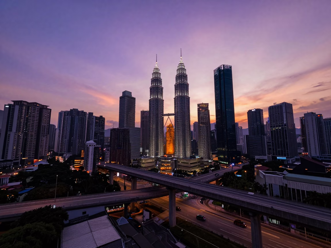 Kuala Lumpur Sunset Overpass Interchange Violet Sky with Urban Street Life in in Kuala Lumpur, Malaysia