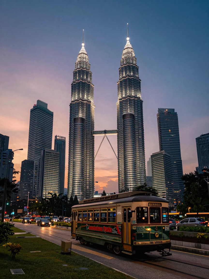 Kuala Lumpur Sunset Skyline with Old Trolley and River Traffic in in Kuala Lumpur, Malaysia